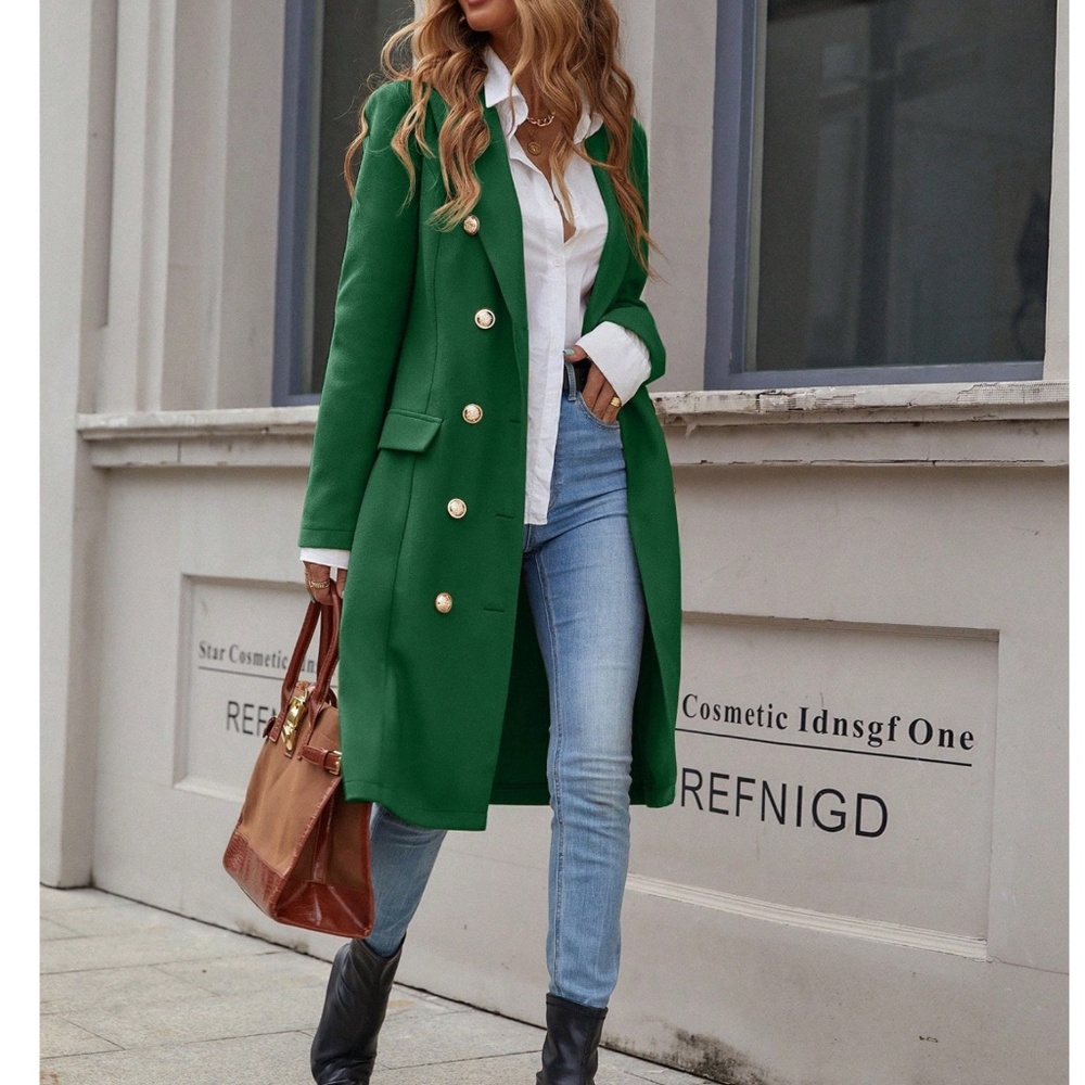 Classic Green Double Button Solid Faux Pockets Jacket Coat - Picture 2 of 5
